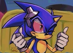 Rule 34 | 1boy, 9474s0ul, animal ears, animal nose, closed mouth, commentary, derivative work, double thumbs up, english commentary, furry, furry male, gloves, headset, highres, male focus, microphone, one eye closed, screenshot redraw, signature, smile, solo, sonic (series), sonic the hedgehog, sonic x, thumbs up, upper body, white gloves