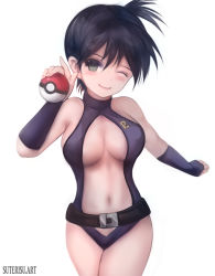 Rule 34 | 1girl, asymmetrical hair, bare shoulders, black hair, blush, breast slip, breasts, creatures (company), game freak, green eyes, groin, gym leader, hair between eyes, highres, holding, holding poke ball, large breasts, looking at viewer, misty (pokemon), navel, nintendo, nipples, one-piece swimsuit, one eye closed, poke ball, poke ball (generic), pokemon, pokemon: the electric tale of pikachu, ponytail, shiny skin, short hair, side ponytail, slingshot swimsuit, suterisu, swimsuit, wink