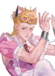 Rule 34 | 1boy, animal ears, apron, blonde hair, braid, cat boy, cat ears, chain, crossdressing, cuffs, curly hair, detached collar, detached sleeves, dress, earrings, giorno giovanna, green eyes, handcuffs, jewelry, jojo no kimyou na bouken, looking at viewer, maid apron, male focus, medium hair, necktie, pantyhose, pink dress, puffy short sleeves, puffy sleeves, short sleeves, solo, striped necktie, toned, toned male, upper body, white background, white pantyhose, xianyu314
