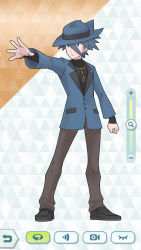 Rule 34 | 1boy, black footwear, black shirt, blue eyes, blue hat, blue jacket, buttons, clenched hand, closed mouth, commentary request, creatures (company), fake screenshot, full body, game freak, hair between eyes, hat, highres, jacket, korean commentary, long sleeves, male focus, nintendo, outstretched arm, pants, pokemon, pokemon dppt, pokemon masters ex, redlhzz, riley (pokemon), shirt, shoes, short hair, solo, spiked hair, standing