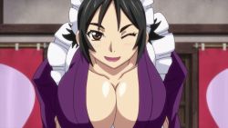 Rule 34 | 1girl, animated, animated gif, black hair, blush, bouncing breasts, breasts, brown eyes, cafe chichiminazu manager, cleavage, japanese clothes, kimono, large breasts, leaning forward, long hair, looking at viewer, looping animation, maid, manyuu hikenchou, one eye closed, open mouth, smile, solo, takagi jun