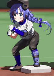 Rule 34 | &gt;:), 1girl, baseball helmet, baseball uniform, black headwear, black pants, blue eyes, blue hair, blue socks, blurry, blurry background, braid, closed mouth, commentary request, depth of field, dirty, dirty clothes, dirty face, facial mark, full body, gloves, helmet, highres, layered sleeves, long hair, long sleeves, low twintails, nijisanji, pants, pettan p, shirt, shoes, short over long sleeves, short sleeves, smile, socks, solo, sportswear, squatting, standing, sweat, twin braids, twintails, v-shaped eyebrows, very long hair, virtual youtuber, white footwear, white gloves, white shirt, yuuki chihiro