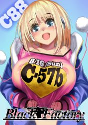 Rule 34 | 1girl, :d, bare shoulders, blonde hair, blue background, blue coat, blue eyes, breasts, circle cut, clenched hands, clothes writing, coat, collarbone, comiket, comiket 88, covered erect nipples, dated, drawstring, english text, eyebrows, eyes visible through hair, fur-trimmed headphones, fur trim, gen (black factory), gradient background, happy, headphones, heart, heart print, highres, huge breasts, long hair, long sleeves, looking at viewer, multicolored clothes, multicolored coat, multicolored shirt, nipples, off shoulder, open clothes, open coat, open mouth, original, pink shirt, pocket, pom pom (clothes), puffy nipples, raised eyebrows, ribbon-trimmed sleeves, ribbon trim, see-through, shiny skin, shirt, shirt tug, simple background, sleeves past wrists, smile, solo, tareme, text focus, tight clothes, tight shirt, title, upper body, wet, wet clothes, wet shirt
