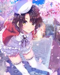 Rule 34 | 1girl, arms behind back, bent over, beret, blue sky, blurry, brown eyes, brown hair, building, center frills, cherry blossoms, closed mouth, day, depth of field, dress, eyebrows, flower, frilled thighhighs, frills, hat, highres, jacket, katou megumi, legs apart, lens flare, lipstick, long sleeves, looking at viewer, makeup, nail polish, neck ribbon, outdoors, petals, pink flower, pink footwear, pink lips, pink nails, power lines, red jacket, ribbon, ricca55, road, saenai heroine no sodatekata, shadow, shoes, short hair, sky, smile, solo, standing, street, thighhighs, utility pole, white dress, white hat, white thighhighs, yellow eyes