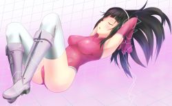 Rule 34 | 1girl, b.ren, black hair, boots, elbow gloves, electricity, closed eyes, gloves, hairband, leotard, long hair, open mouth, original, red leotard, solo, thighhighs