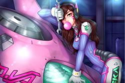 Rule 34 | 1girl, bodysuit, blowing bubbles, chewing gum, d.va (overwatch), dojipan, hair over one eye, looking at viewer, mecha, overwatch, overwatch 1, robot, solo, wrench