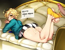 Rule 34 | 2boys, absurdres, after footjob, androgynous, ashikaga hyouta, ass, barefoot, bishounen series, blonde hair, cum, cum on body, cum on feet, cum on lower body, cum on penis, cumdrip, doppel (bonnypir), erection, feet, foot focus, footjob, grin, highres, looking at viewer, looking back, lying, multiple boys, naughty face, on stomach, penis, short shorts, shorts, single sock, smile, socks, soles, solo focus, sparkle, toes, translation request, trap, uncensored, yaoi, yellow eyes