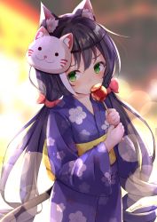 Rule 34 | 1girl, animal ear fluff, animal ears, black hair, blue kimono, blurry, blurry background, blush, bow, candy apple, cat ears, cat girl, cat mask, cat tail, commentary request, covered mouth, depth of field, floral print, food, green eyes, hair between eyes, hair bow, highres, holding, holding food, japanese clothes, karyl (new year) (princess connect!), karyl (princess connect!), kimono, long hair, long sleeves, low twintails, mask, mask on head, minazuki mizu, multicolored hair, obi, princess connect!, print kimono, red bow, ringlets, sash, solo, streaked hair, tail, twintails, twitter username, two-handed, very long hair, white hair, wide sleeves