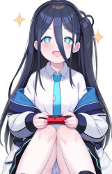 Rule 34 | 1girl, :d, absurdres, aris (blue archive), black hair, black skirt, blue archive, blue eyes, blue necktie, breasts, collared shirt, commentary request, controller, grey panties, hair between eyes, highres, holding, jacket, knees together feet apart, knees up, long hair, long sleeves, looking at viewer, necktie, off shoulder, one side up, open clothes, open jacket, open mouth, panties, pleated skirt, puffy long sleeves, puffy sleeves, shirt, simple background, sitting, skirt, small breasts, smile, solo, sparkle, umihal, underwear, very long hair, white background, white jacket, white shirt