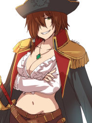 Rule 34 | 1girl, artist name, beatrica (sennen sensou aigis), belt, breasts, brown hair, cleavage, cocoa (tama1201), crossed arms, green eyes, grin, hair over one eye, hat, jewelry, looking at viewer, midriff, navel, necklace, pirate hat, sennen sensou aigis, smile, solo, standing, sword, weapon