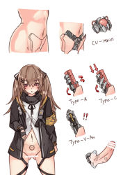 Rule 34 | 1girl, android, artificial vagina, bar censor, black coat, black gloves, black ribbon, blush, breasts, brown eyes, brown hair, censored, coat, cross-section, damaged, girls&#039; frontline, gloves, highres, mecha musume, mechanical parts, penis, pointless censoring, pussy, ribbon, sex toy, small breasts, solo, stmast, thigh strap, transparent censoring, twintails, ump9 (girls&#039; frontline), uniform