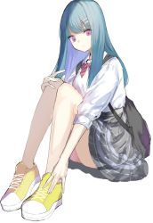 Rule 34 | 1girl, aquna, backpack, bag, blue hair, bow, bowtie, collared shirt, commentary request, grey skirt, hair ornament, hairclip, highres, long hair, long sleeves, looking at viewer, original, purple eyes, red bow, red bowtie, school uniform, shirt, shoes, simple background, sitting, skirt, solo, white background, white shirt, wing collar, yellow footwear
