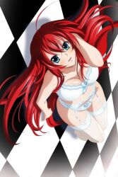 Rule 34 | 1girl, ahoge, arm up, artist request, blue eyes, blush, bra, breasts, eyebrows hidden by hair, high school dxd, large breasts, lingerie, long hair, looking back, lying, navel, non-web source, on back, on floor, open mouth, red hair, rias gremory, smile, underwear, very long hair