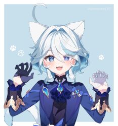 Rule 34 | 1girl, ahoge, animal ears, black gloves, blue background, blue eyes, blue hair, blue jacket, border, cat ears, cat girl, cat tail, furina (genshin impact), genshin impact, gloves, hair between eyes, heterochromia, highres, jacket, jewelry, light blue hair, long sleeves, looking at viewer, medium hair, multicolored hair, open mouth, pomepome1207, simple background, smile, solo, streaked hair, tail, white border, white gloves, white hair