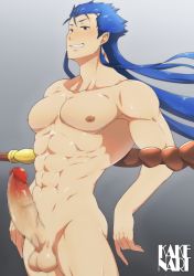 Rule 34 | 1boy, abs, blue hair, cu chulainn (fate), erection, fate/zero, fate (series), kakenari, cu chulainn (fate/stay night), male focus, muscular, nude, pectorals, penis, smile, solo, testicles