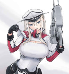 Rule 34 | 10s, 1girl, black gloves, blonde hair, blue eyes, breasts, capelet, clenched teeth, cowboy shot, gloves, graf zeppelin (kancolle), grey eyes, gun, hair between eyes, handgun, hat, highres, holding, huge breasts, kantai collection, long hair, looking at viewer, mouth hold, necktie, nujima, peaked cap, sidelocks, solo, teeth, teeth hold, twintails, weapon