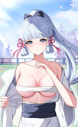 Rule 34 | 1girl, absurdres, ayaka (genshin impact), blue eyes, blue hair, blue nails, bow, breasts, breasts apart, cherry blossoms, chest sarashi, collarbone, falling petals, genshin impact, hair bow, hand up, highres, hot, japanese clothes, kimono, large breasts, light blue hair, long hair, looking at viewer, mole, mole under eye, obi, off shoulder, open clothes, open kimono, outdoors, petals, ponytail, sarashi, sash, short sleeves, solo, sweat, white kimono, wide sleeves, yeni1871