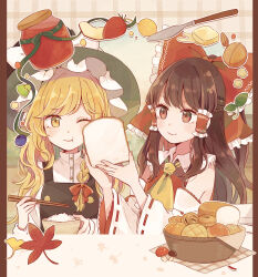 Rule 34 | 2girls, absurdres, ascot, black vest, blonde hair, bow, bowl, braid, bread, bread bun, bread slice, brown hair, butter, buttons, chopsticks, commentary request, detached sleeves, eating, food, frilled hair tubes, frills, fruit, hair bow, hair tubes, hakurei reimu, hat, highres, holding, holding chopsticks, jam, jar, kirisame marisa, leaf, long hair, mozukuzu (manukedori), multiple girls, mushroom, nontraditional miko, nut (food), plaid, plaid background, rice bowl, shirt, single braid, strawberry, touhou, vest, white shirt, witch hat, yellow ascot, yellow eyes
