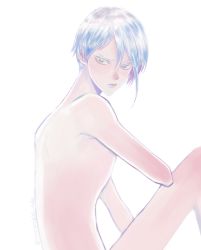 Rule 34 | androgynous, antarcticite, back, bad id, bad twitter id, frown, gender request, grey eyes, highres, houseki no kuni, looking at viewer, nude, short hair, sitting, solo, white background, white hair