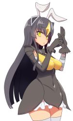 Rule 34 | 1girl, antennae, black dress, black gloves, blush, breasts, covered navel, cowboy shot, diadem, dress, from side, gloves, green eyes, grey thighhighs, hair between eyes, hands up, headgear, highres, large breasts, long hair, looking at viewer, no nose, ok sign, parted lips, penetration gesture, simple background, solo, standing, sumiyao (amam), thighhighs, ultra kaijuu gijinka keikaku, ultra series, very long hair, white background, zetton