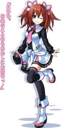 Rule 34 | 1girl, boots, brown hair, looking at viewer, necktie, one eye closed, pink necktie, simple background, smile, solo, standing, standing on one leg, thighhighs, thighhighs under boots, tojo akira, tokyo clanpool, tsunako, twintails, white background