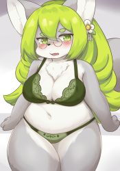Rule 34 | 1girl, animal ears, blush, body fur, bra, breasts, commentary request, cowboy shot, eigetsu, fang, flower, fox, fox ears, fox girl, fox tail, fullbokko heroes, furry, furry female, glasses, green bra, green eyes, green hair, green panties, grey fur, hair flower, hair ornament, large breasts, long hair, looking to the side, navel, oota sukemoto (fullbokko heroes), open mouth, panties, plump, simple background, sitting, solo, tail, two-tone fur, underwear, underwear only, white fur