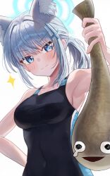 Rule 34 | 1girl, absurdres, animal, animal ears, bare shoulders, blue archive, blue eyes, fish, grey hair, highres, holding, holding animal, holding fish, looking at viewer, lunel, shiroko (blue archive), short hair, simple background, smile, solo, swimsuit