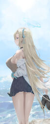 Rule 34 | 1girl, absurdres, aqua scrunchie, asuna (blue archive), black choker, black footwear, black skirt, blonde hair, blue archive, blue halo, blue ribbon, breasts, choker, from behind, hair ribbon, halo, highres, holding, holding shoes, large breasts, long hair, looking at viewer, ocean, renge (730), ribbon, scrunchie, shirt, shoes, skirt, smile, solo, standing, thighs, white shirt