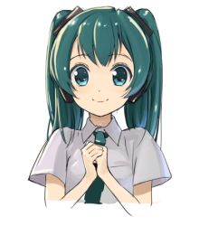 Rule 34 | 1girl, domo1220, green eyes, green hair, hatsune miku, headphones, looking at viewer, lowres, matching hair/eyes, necktie, own hands together, simple background, smile, solo, twintails, upper body, vocaloid, white background
