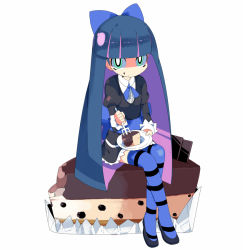 Rule 34 | 10s, 1girl, blue hair, bow, cake, colored inner hair, female focus, food, fork, full body, green eyes, hair bow, kanikama, long hair, multicolored hair, panty &amp; stocking with garterbelt, purple hair, simple background, sitting, solo, stocking (psg), striped clothes, striped thighhighs, thighhighs, very long hair, white background