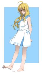 Rule 34 | 1girl, absurdres, ahoge, arms behind back, ascot, bare shoulders, barefoot, blonde hair, blue ascot, blue background, blue bow, blue sailor collar, border, bow, collarbone, dress, epitaph (1122), full body, green eyes, grin, highres, hoshii miki, idolmaster, idolmaster (classic), idolmaster million live!, idolmaster million live! theater days, light blush, long hair, looking at viewer, messy hair, outside border, sailor collar, sailor dress, sailor swimsuit (idolmaster), simple background, sketch, smile, solo, white border, white dress
