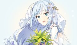 Rule 34 | 1girl, ap bar, bare shoulders, blue eyes, blue flower, bouquet, bridal veil, bride, collar, commentary, detached collar, dress, fern, flower, grey hair, highres, holding, holding bouquet, idolmaster, idolmaster million live!, long hair, looking at viewer, open mouth, pink flower, shiraishi tsumugi, simple background, sleeveless, sleeveless dress, smile, solo, upper body, veil, wedding dress, white background, white collar, white dress