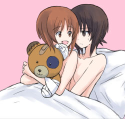 Rule 34 | 2girls, bandages, bandaid, boko (girls und panzer), brown eyes, brown hair, closed mouth, frown, girls und panzer, holding, holding stuffed toy, incest, looking at another, looking back, multiple girls, mutsu (layergreen), nishizumi maho, nishizumi miho, nude, open mouth, pillow, pink background, short hair, siblings, sisters, sitting, sitting on person, smile, stuffed animal, stuffed toy, sweatdrop, under covers, yuri