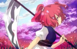 Rule 34 | 1girl, bad id, bad pixiv id, cloud, female focus, flower, hair bobbles, hair ornament, natsume (menthol), natsume (pixiv), onozuka komachi, outdoors, plant, red eyes, red hair, scythe, short hair, sky, solo, spider lily, standing, touhou, twintails, two side up, upper body