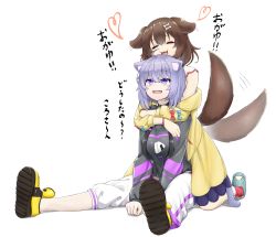 Rule 34 | 2girls, ^ ^, absurdres, afterimage, ahoge, animal ear fluff, animal ears, bad id, bad pixiv id, between legs, black choker, black hoodie, blue footwear, blush, bone hair ornament, breasts, cat ears, cat tail, choker, closed eyes, commentary, dog ears, dog girl, dog tail, dress, ear wiggle, fang, full body, hair between eyes, hair ornament, hand between legs, happy, heart, highres, hololive, hood, hoodie, hug, hug from behind, inugami korone, inugami korone (1st costume), jacket, kneeling, long sleeves, looking at another, looking up, lunch boxer, medium breasts, medium hair, motion lines, multiple girls, nekomata okayu, nekomata okayu (1st costume), off shoulder, onigiri print, open clothes, open jacket, open mouth, pants, purple eyes, shoes, short hair, simple background, sitting, sleeveless, sleeveless dress, slippers, smile, sweatpants, tail, tail wagging, translated, virtual youtuber, white background, white dress, white pants, yellow footwear, yellow jacket