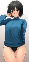 Rule 34 | 1girl, amagami, black eyes, black hair, blue jacket, closed mouth, competition swimsuit, cowboy shot, gradient background, groin, hand up, highres, jacket, light blush, long sleeves, looking at viewer, nanasaki ai, one-piece swimsuit, revision, short hair, signature, smile, solo, swimsuit, swimsuit under clothes, track jacket, twitter username, yoo tenchi