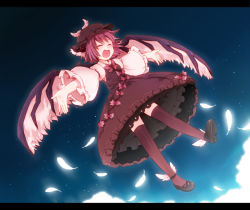 Rule 34 | 1girl, :d, animal ears, black footwear, chaba (hortensia), dress, closed eyes, feathers, female focus, full body, hat, lingerie, mystia lorelei, night, open mouth, outdoors, outstretched arms, petticoat, pink hair, ribbon, shoes, short hair, sky, smile, solo, star (sky), starry sky, thighhighs, touhou, underwear, wings