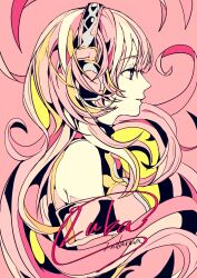 Rule 34 | 1girl, 3kuma, blue eyes, character name, detached sleeves, expressionless, from side, headphones, highres, limited palette, long hair, looking ahead, megurine luka, pink background, pink hair, pink theme, profile, solo, upper body, vocaloid, wavy hair