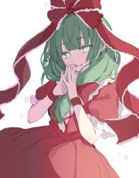 Rule 34 | 1girl, blunt bangs, dress, frills, front ponytail, green eyes, green hair, hair ribbon, hands up, highres, kagiyama hina, long hair, looking at viewer, own hands together, paragasu (parags112), red dress, ribbon, simple background, solo, touhou, white background