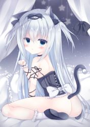 Rule 34 | 1girl, :o, absurdres, animal ears, ass, bad id, bad pixiv id, bare shoulders, black bow, black choker, black footwear, black nails, blue eyes, blush, bottomless, bow, cat ears, cat girl, cat hair ornament, cat tail, choker, commentary request, corset, fang, fingernails, frilled pillow, frills, hair between eyes, hair bow, hair ornament, highres, long hair, looking at viewer, looking to the side, nail polish, original, parted lips, pillow, saeki sora, shoes, sidelocks, silver hair, sitting, socks, solo, tail, two side up, very long hair, wariza, white socks