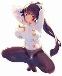 Rule 34 | 1girl, aiguillette, arms behind head, arms up, azur lane, black hair, black pantyhose, blush, bow, breasts, buttons, hair bow, hair flaps, jacket, kanjy00u, large breasts, long hair, long sleeves, looking at viewer, military, military jacket, military uniform, open mouth, panties, panties under pantyhose, pantyhose, ponytail, simple background, solo, squatting, takao (azur lane), thighband pantyhose, thighs, underwear, uniform, white background, white bow, white jacket