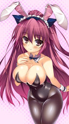 Rule 34 | 1girl, akusera, android, animal ears, blush, breasts, brown eyes, cleavage, detached collar, fake animal ears, halftone, halftone background, headdress, highres, large breasts, leotard, long hair, looking at viewer, pantyhose, playboy bunny, rabbit ears, red hair, reminiscence, smile, solo, watanuki kaname, wrist cuffs