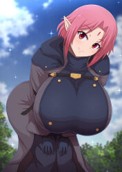 Rule 34 | 1girl, bent over, black pants, blue gloves, blue sky, blurry, blurry background, blush, breasts, bush, closed mouth, cloud, day, gloves, hanging breasts, highres, huge breasts, kono subarashii sekai ni shukufuku wo!, looking at viewer, pants, pink hair, pointy ears, ponponmaru, red eyes, robe, short hair, sky, smile, solo, standing, uniform, wolbach
