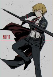 Rule 34 | 1boy, absurdres, blonde hair, formal, highres, holding, holding weapon, limbus company, long sleeves, necktie, polearm, project moon, red necktie, shirt, short hair, sinclair (project moon), suit, suspenders, tractrix, weapon, white background, white shirt, yellow eyes