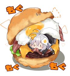 Rule 34 | 1girl, absurdres, antenna hair, bacon, black jacket, blush, braid, brown eyes, burger, chibi, closed mouth, commentary request, dotted line, eating, food, food on hair, fried egg, grey hair, hair between eyes, highres, in food, jacket, kizuna akari, long hair, long sleeves, low twintails, milkpanda, mini person, minigirl, puffy long sleeves, puffy sleeves, shadow, simple background, sleeves past wrists, solid oval eyes, solo, sweat, translation request, tsukimi burger, twin braids, twintails, very long hair, voiceroid, wavy mouth, white background