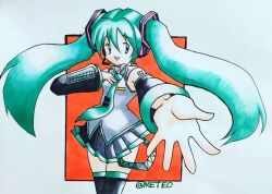 1990s_(style) 1girl aqua_eyes aqua_hair aqua_necktie bare_shoulders binary black_skirt black_sleeves black_thighhighs blue_eyes blue_hair creatures_(company) detached_sleeves game_freak green_hair grey_shirt hair_ornament hair_tie hand_on_own_chest hatsune_miku headset long_hair looking_at_viewer meteo_(user_xjar7225) necktie nintendo number_tattoo open_mouth outstretched_hand parody pleated_skirt pokemon pokemon_gsc_(style) pokemon_rgby_(style) push-button retro_artstyle shirt simple_background skirt sleeveless smile solo style_parody sugimori_ken_(style) tattoo thighhighs triangle_mouth twintails vocaloid