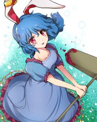 Rule 34 | 1girl, ambiguous red liquid, animal ears, blue dress, blue hair, blue skirt, blush, dress, earclip, floating hair, floppy ears, frilled dress, frills, from above, legacy of lunatic kingdom, makotono (makotono 00), mallet, open mouth, rabbit ears, red eyes, seiran (touhou), skirt, solo, touhou