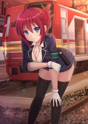 Rule 34 | 10s, 1girl, armband, black thighhighs, blue eyes, blush, breasts, cleavage, folded ponytail, gloves, hair up, hand on own knee, highres, kazenokaze, large breasts, leaning forward, looking at viewer, miniskirt, rail wars!, red hair, sakurai aoi, skirt, smile, solo, thighhighs, train, uniform, white gloves