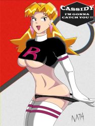 Rule 34 | 1girl, blonde hair, breasts, cassidy (pokemon), creatures (company), earrings, elbow gloves, game freak, gloves, highres, jewelry, large breasts, long hair, nintendo, open mouth, panties, panty pull, pokemon, pokemon (anime), pokemon (classic anime), purple eyes, self-upload, solo, team rocket, thighhighs, underboob, underwear, white gloves, white thighhighs