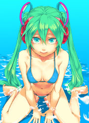 Rule 34 | 1girl, aqua eyes, aqua hair, arm support, barefoot, bikini, breasts, cleavage, covered erect nipples, hatsune miku, headphones, light smile, long hair, looking at viewer, medium breasts, navel, partially submerged, sitting, solo, string bikini, swimsuit, twintails, very long hair, vocaloid, wariza, water, yuuji (and)